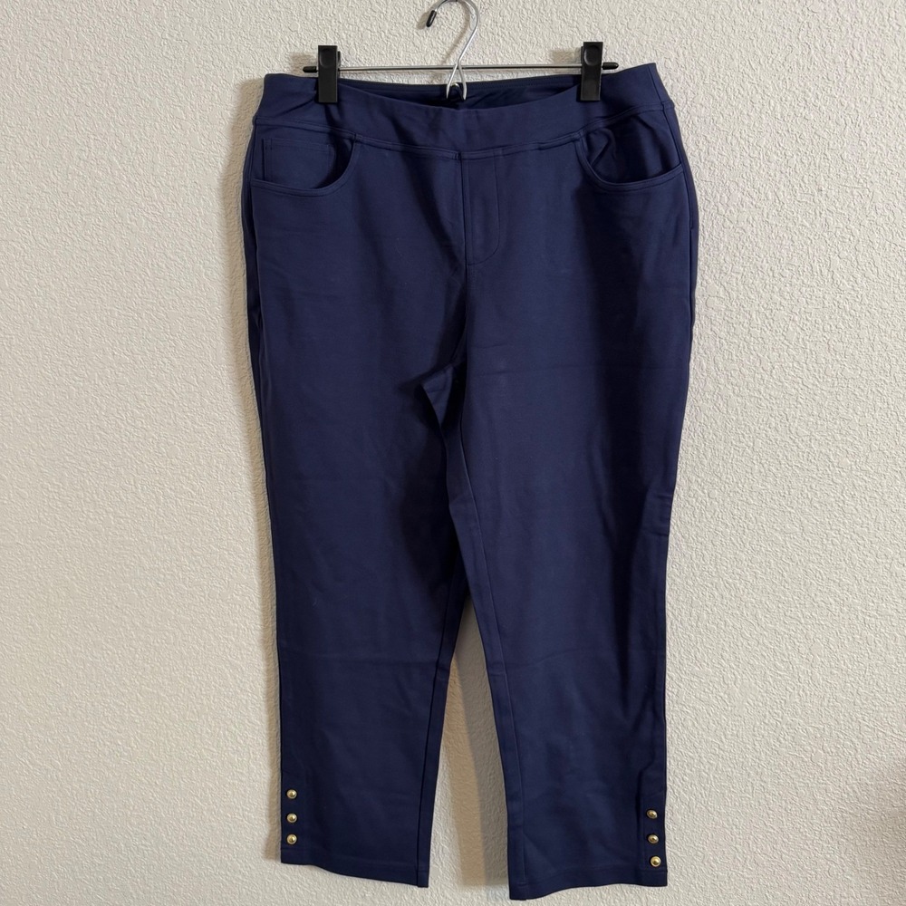 Belle by Kim Gravel Navy Blue Ponte Knit Pull On Crop Pants Gold Buttons Size 16